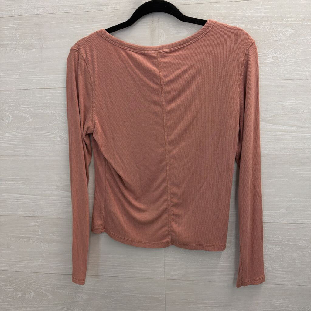 C and C California Pink Ribbed Cropped Long Sleeve Henley Top Medium