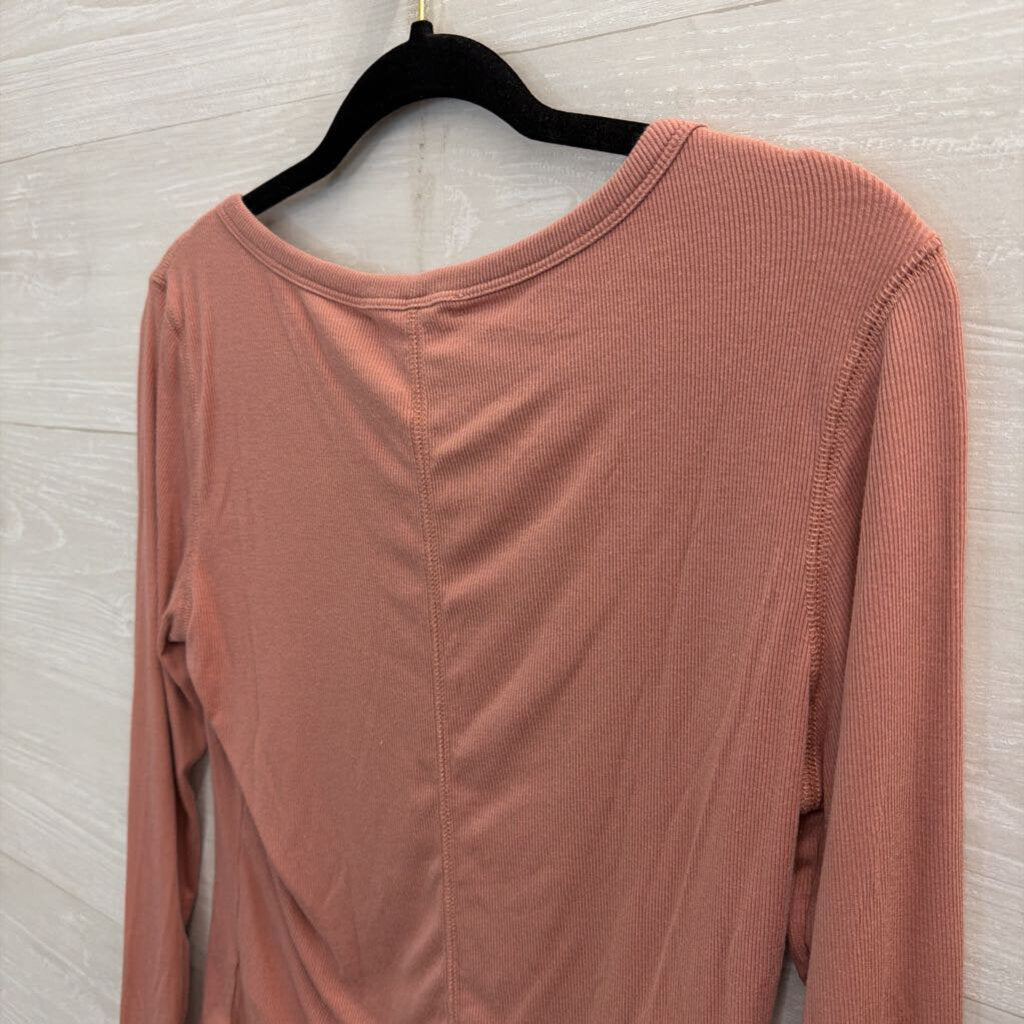 C and C California Pink Ribbed Cropped Long Sleeve Henley Top Medium