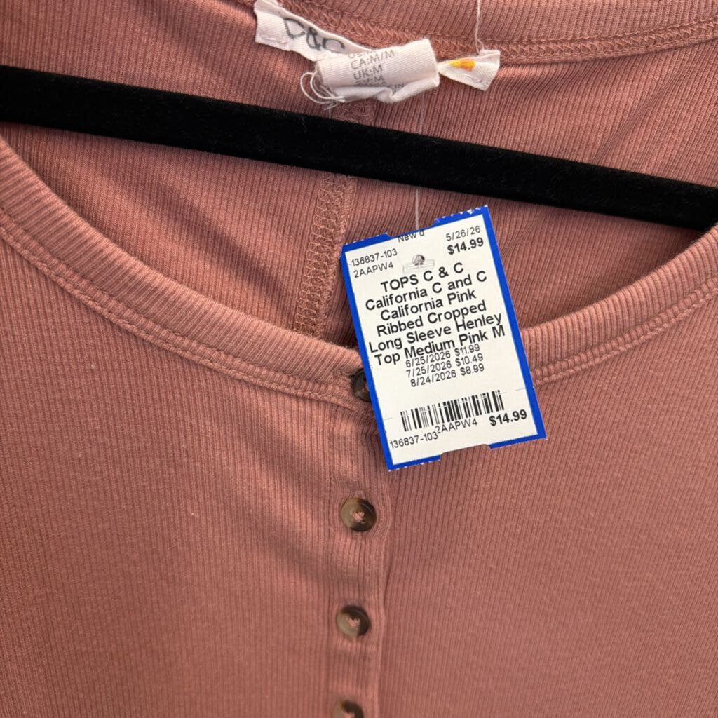 C and C California Pink Ribbed Cropped Long Sleeve Henley Top Medium