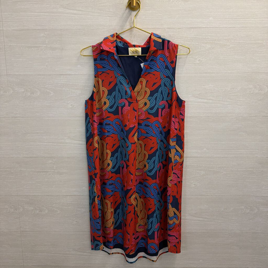 SSYS Blue/ Multi Print Sleeveless Shift Dress Small