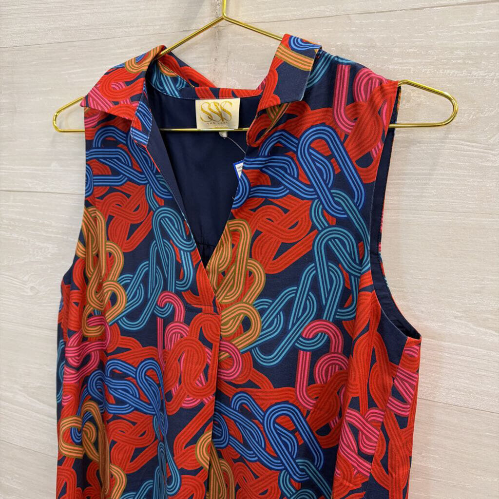 SSYS Blue/ Multi Print Sleeveless Shift Dress Small
