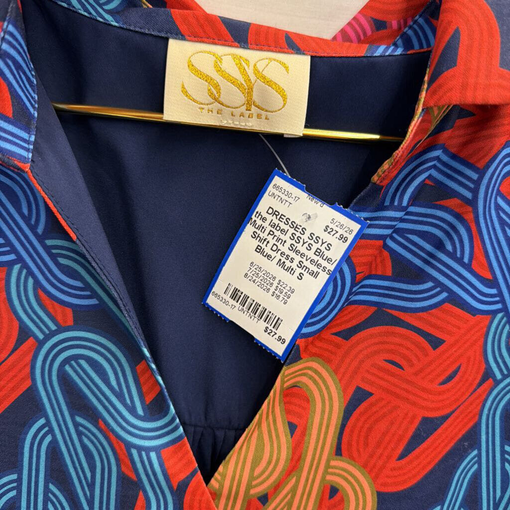 SSYS Blue/ Multi Print Sleeveless Shift Dress Small