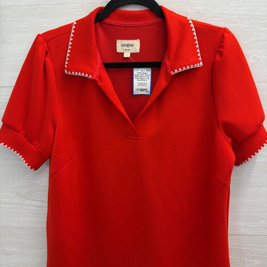 Umgee Red/ Cream Embroidered Trim Short Sleeve Top Small
