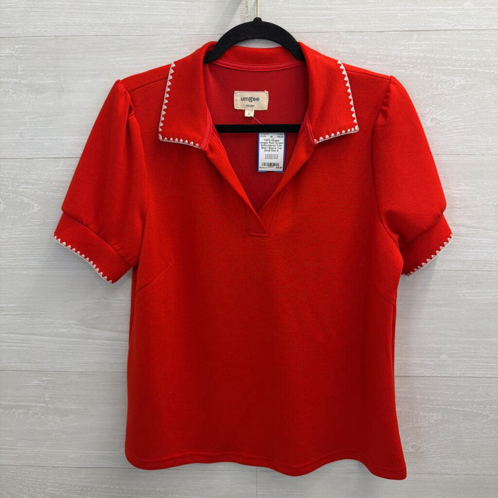Umgee Red/ Cream Embroidered Trim Short Sleeve Top Small