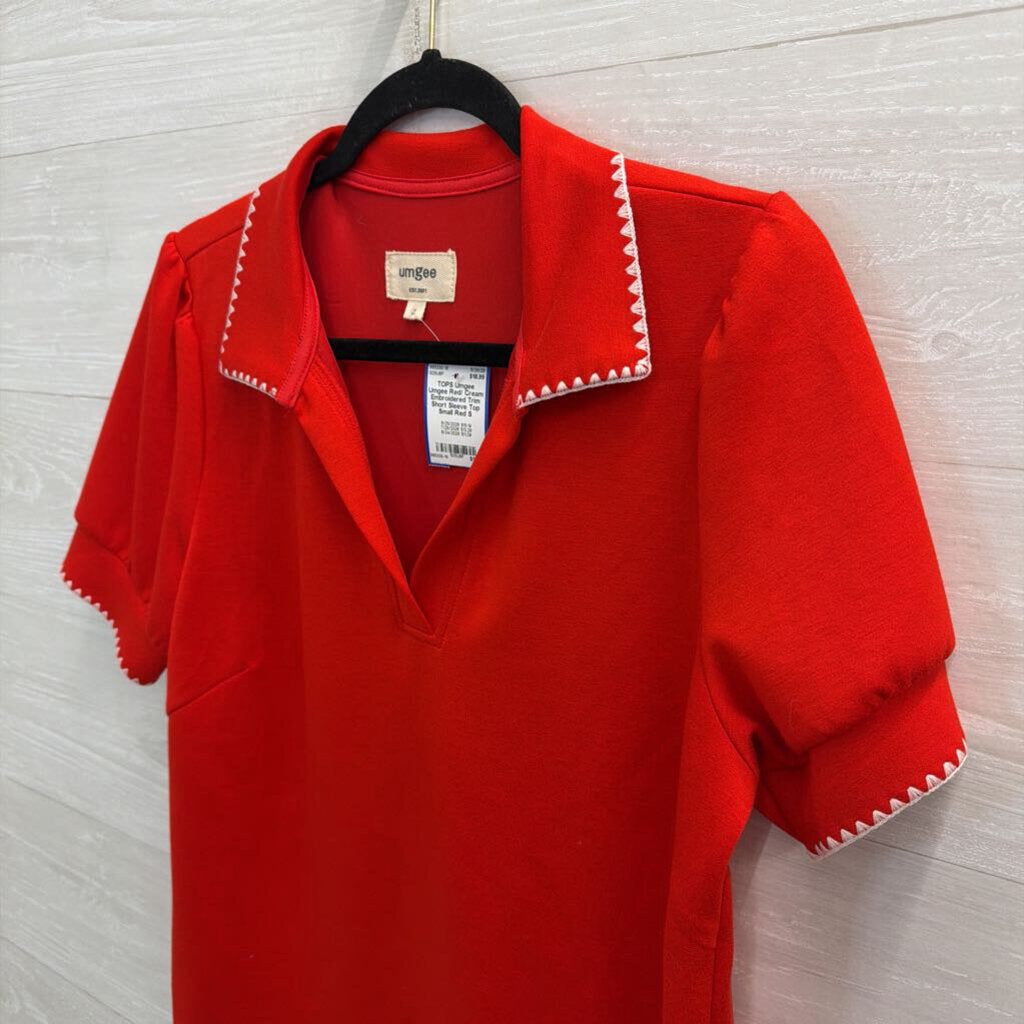 Umgee Red/ Cream Embroidered Trim Short Sleeve Top Small