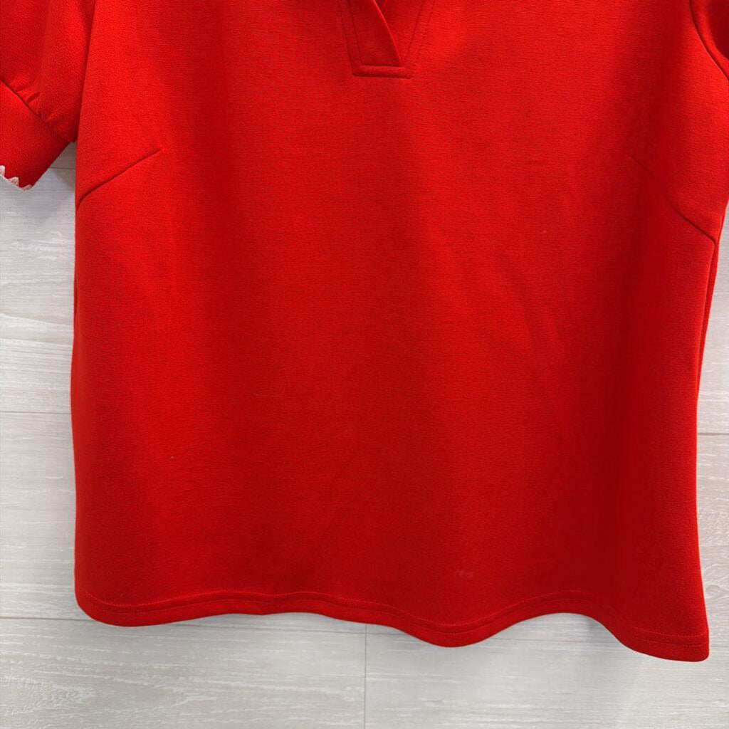 Umgee Red/ Cream Embroidered Trim Short Sleeve Top Small