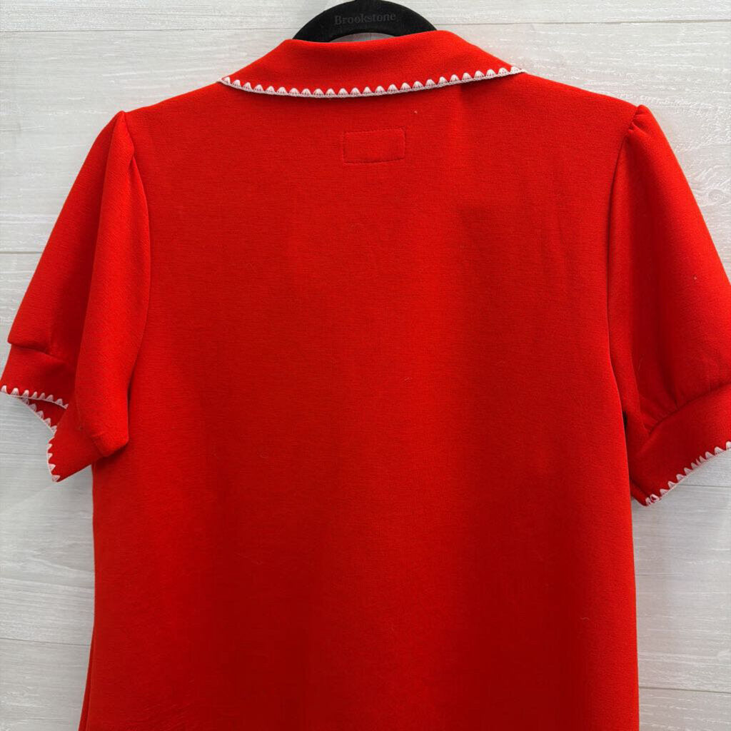 Umgee Red/ Cream Embroidered Trim Short Sleeve Top Small