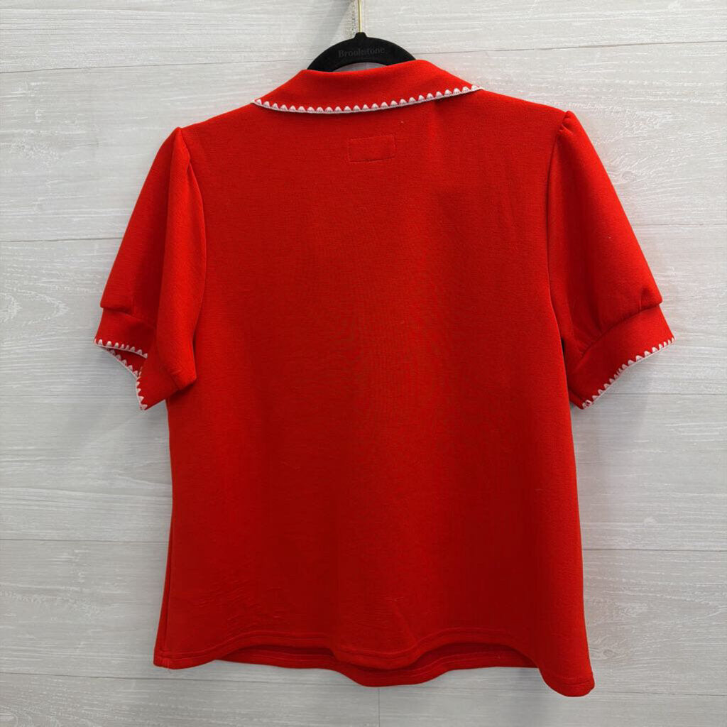 Umgee Red/ Cream Embroidered Trim Short Sleeve Top Small