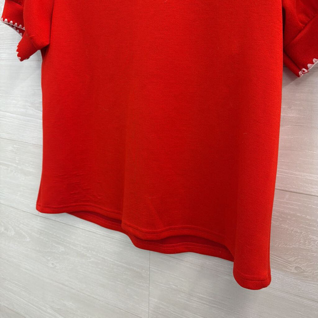 Umgee Red/ Cream Embroidered Trim Short Sleeve Top Small