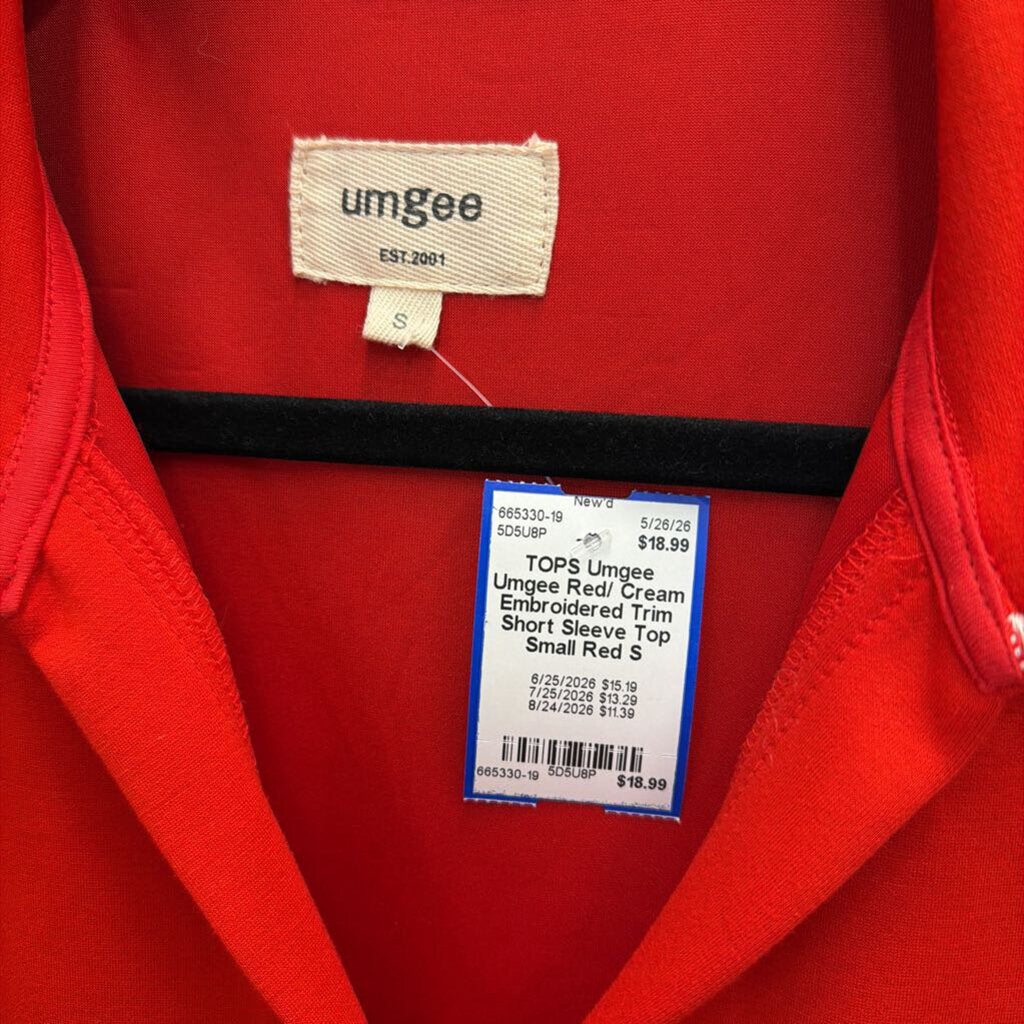 Umgee Red/ Cream Embroidered Trim Short Sleeve Top Small
