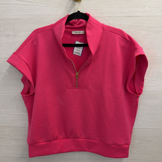 Zenana Pink Short Sleeve Quarter Zip Top Small/ Medium