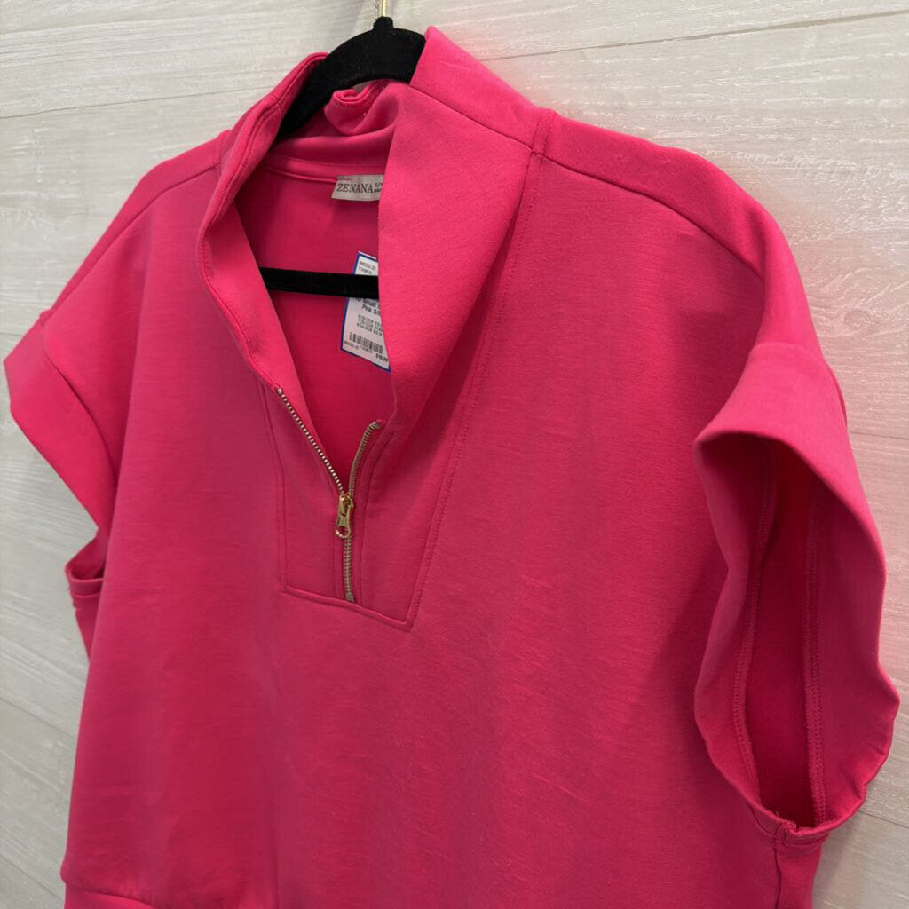 Zenana Pink Short Sleeve Quarter Zip Top Small/ Medium