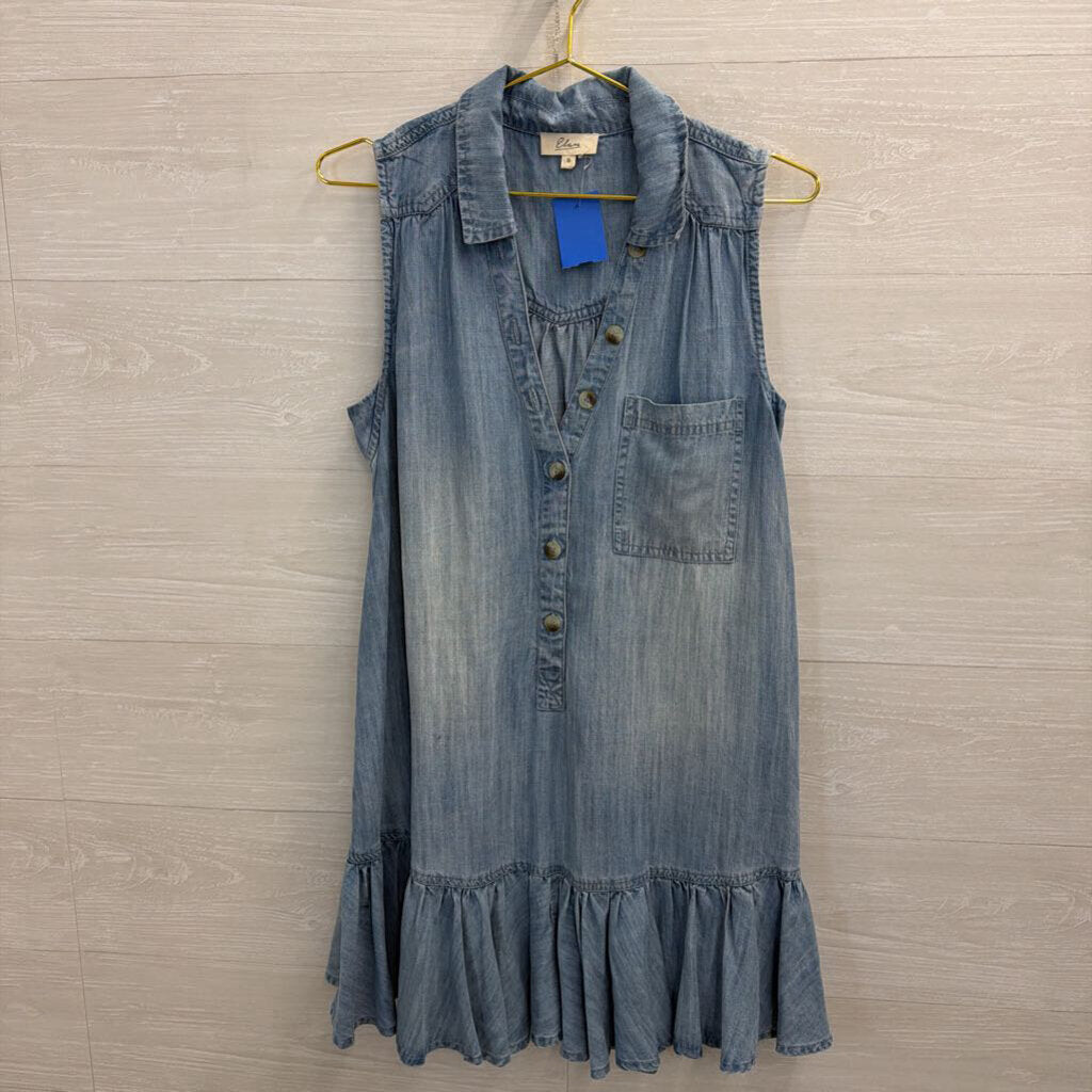 Elan Blue Chambray Ruffle Hem Sleeveless Dress Small