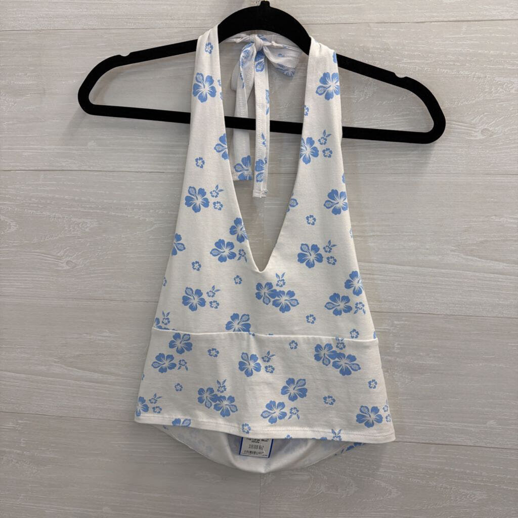 Hollister Blue/ White Print Halter Crop Top Large