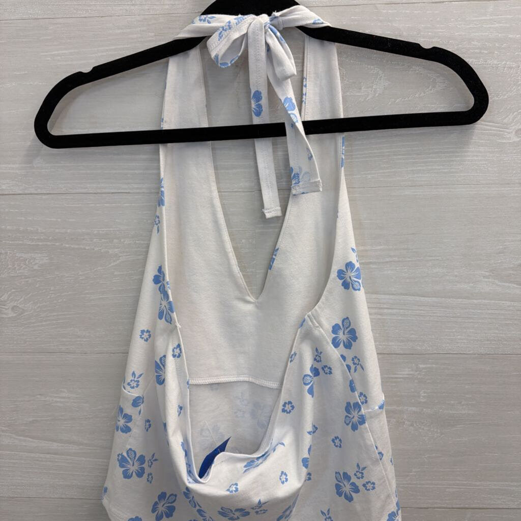 Hollister Blue/ White Print Halter Crop Top Large