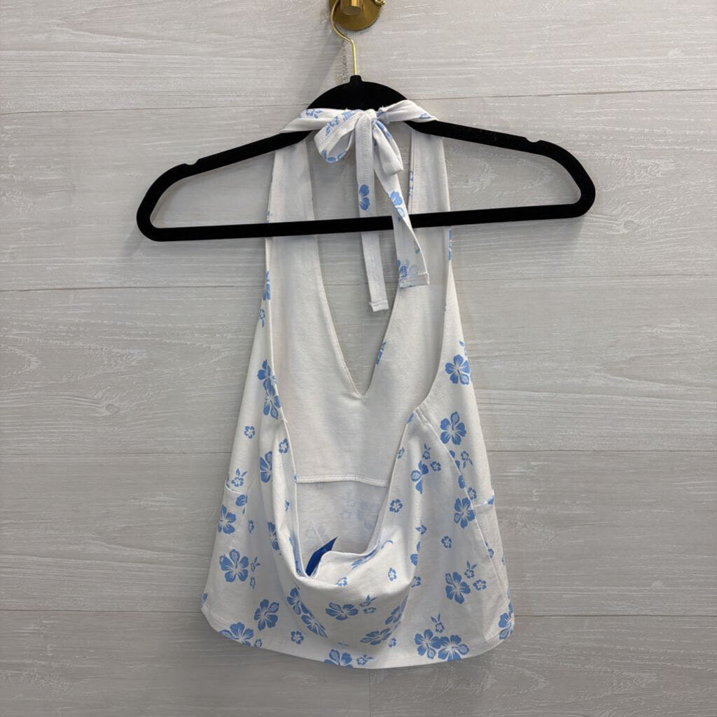 Hollister Blue/ White Print Halter Crop Top Large