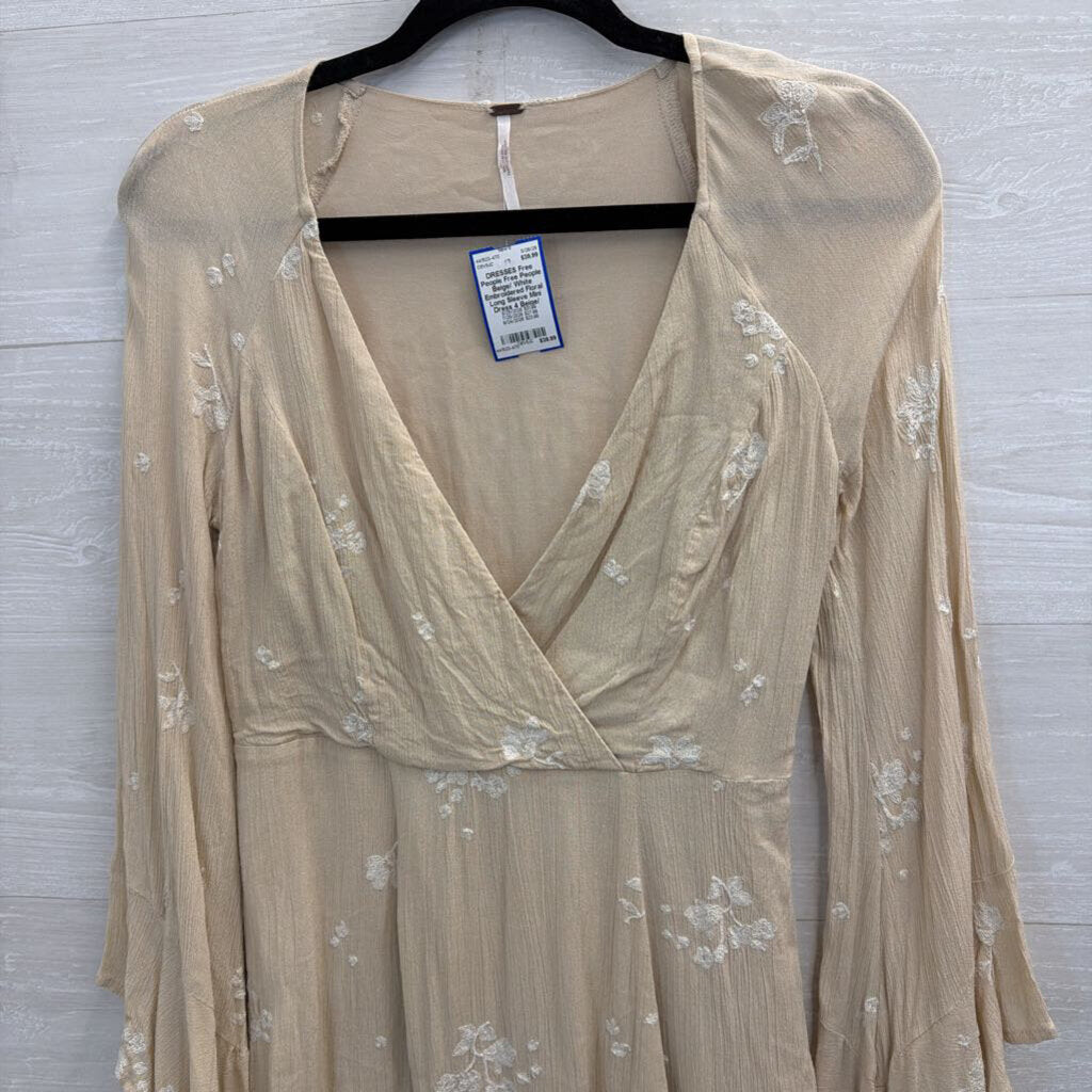 Free People Beige/ White Embroidered Floral Long Sleeve Mini Dress 4