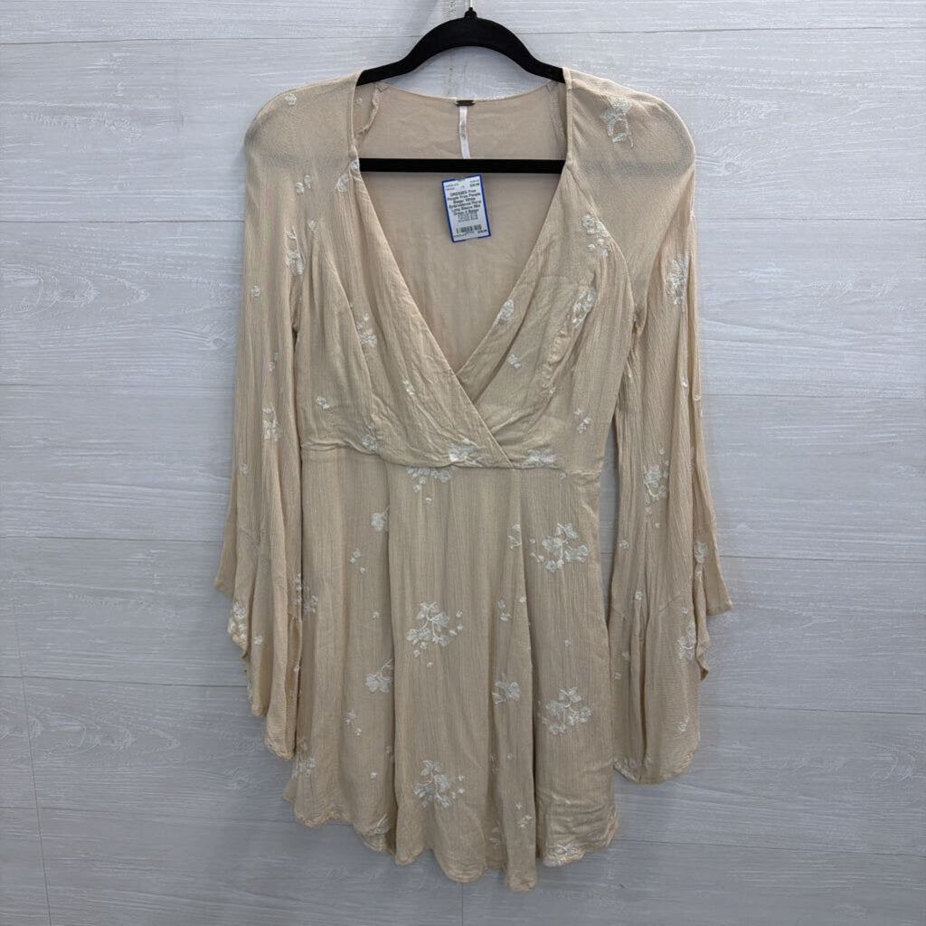 Free People Beige/ White Embroidered Floral Long Sleeve Mini Dress 4