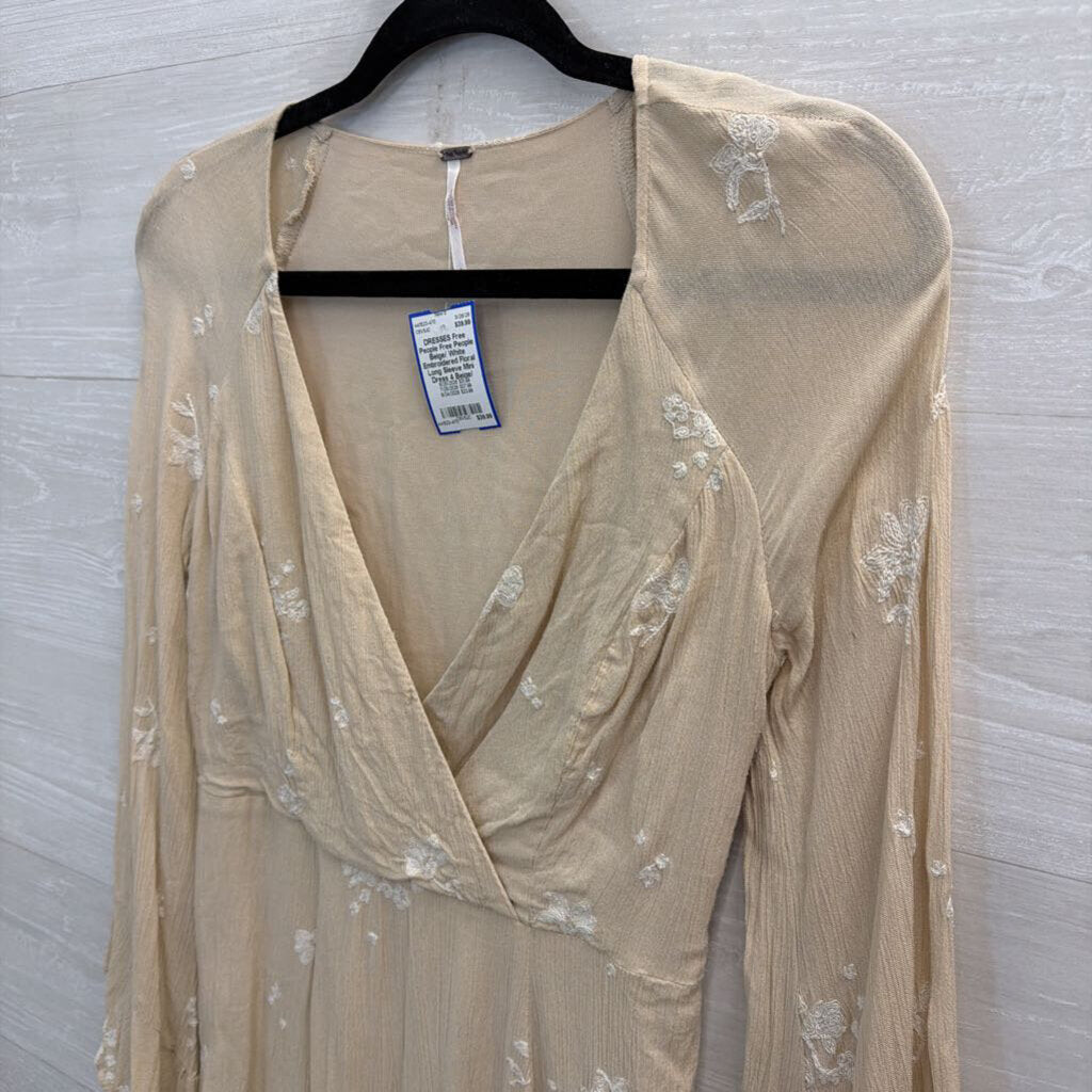 Free People Beige/ White Embroidered Floral Long Sleeve Mini Dress 4