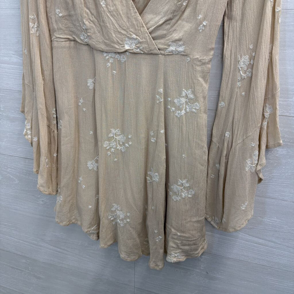 Free People Beige/ White Embroidered Floral Long Sleeve Mini Dress 4