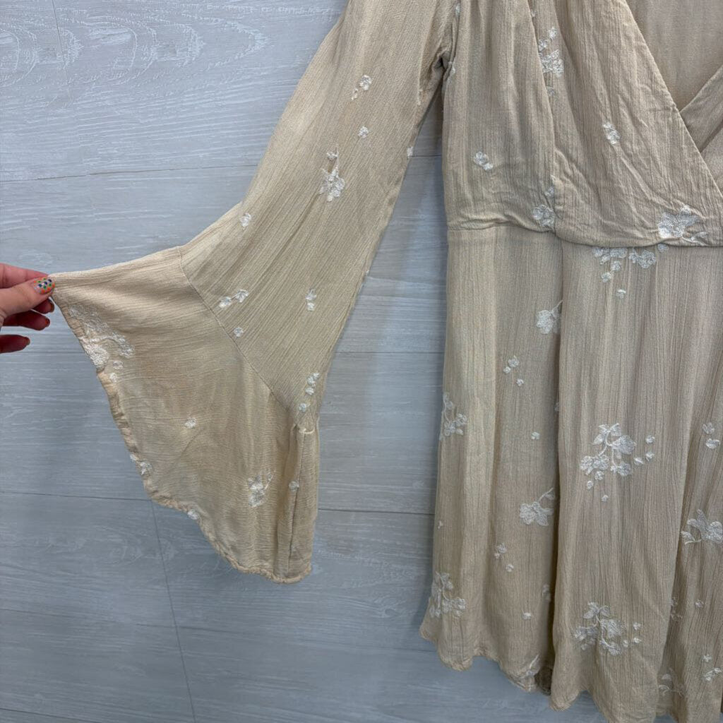 Free People Beige/ White Embroidered Floral Long Sleeve Mini Dress 4