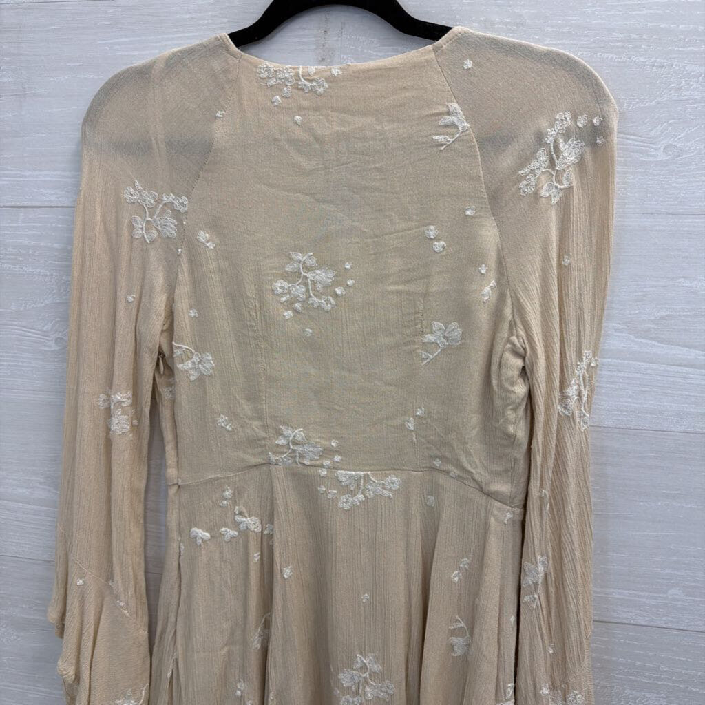 Free People Beige/ White Embroidered Floral Long Sleeve Mini Dress 4