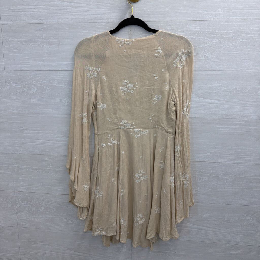 Free People Beige/ White Embroidered Floral Long Sleeve Mini Dress 4