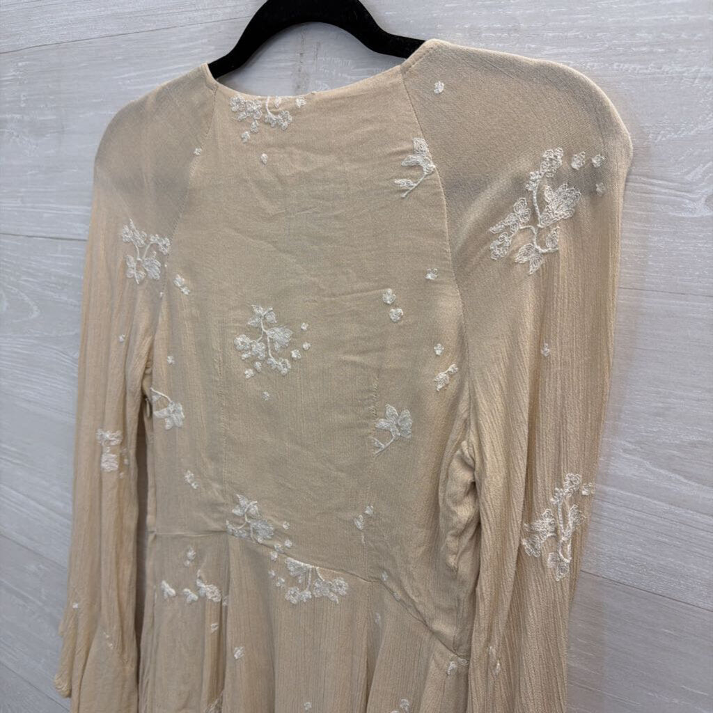 Free People Beige/ White Embroidered Floral Long Sleeve Mini Dress 4
