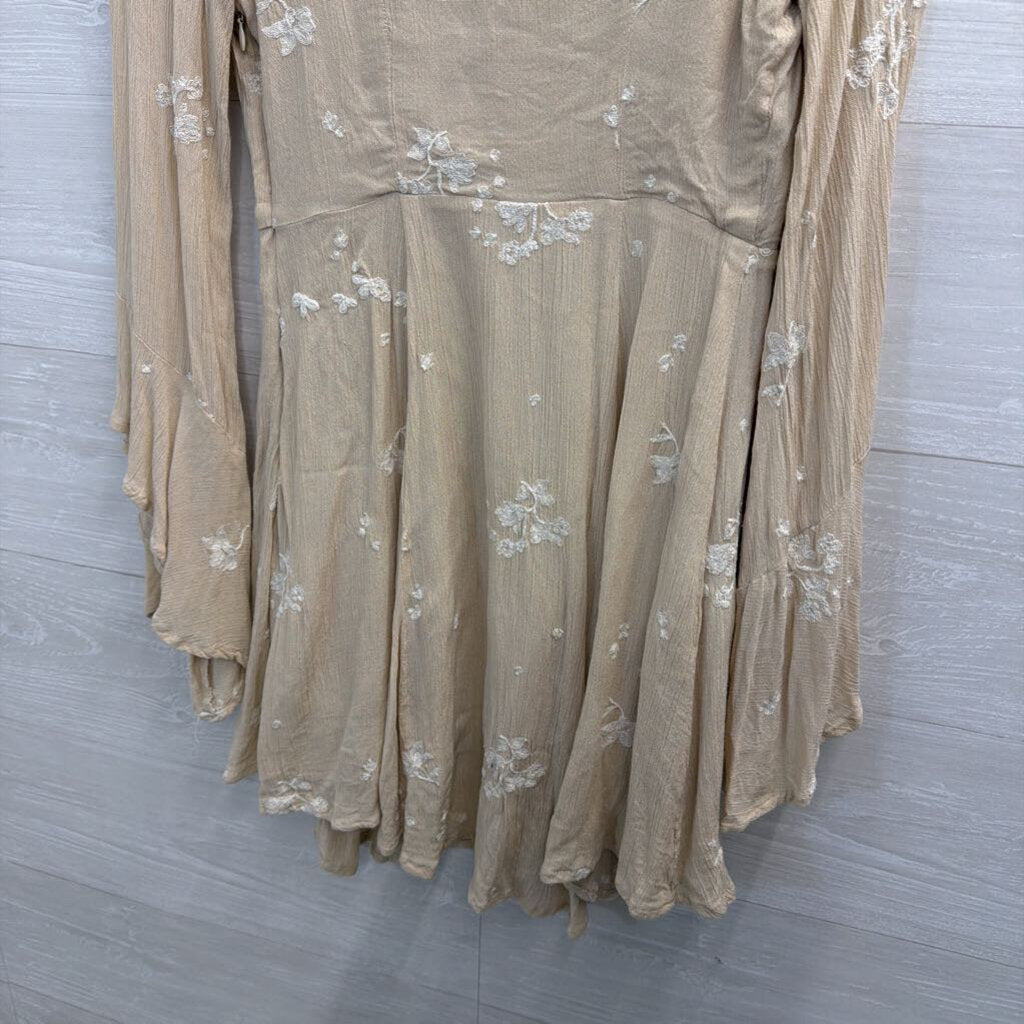 Free People Beige/ White Embroidered Floral Long Sleeve Mini Dress 4