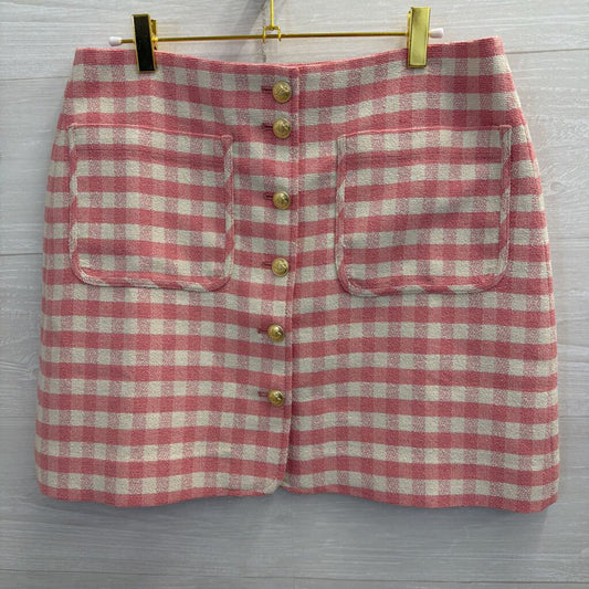 J Crew Pink/ White Gingham Gold Button Front Skirt 8