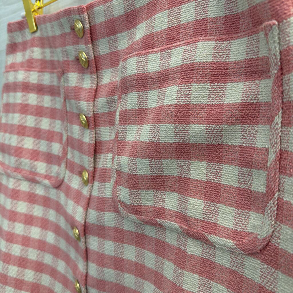 J Crew Pink/ White Gingham Gold Button Front Skirt 8