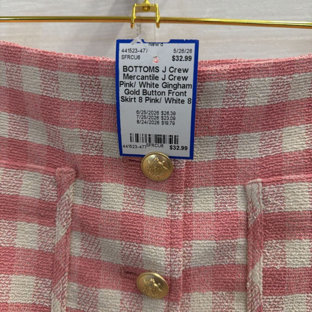 J Crew Pink/ White Gingham Gold Button Front Skirt 8
