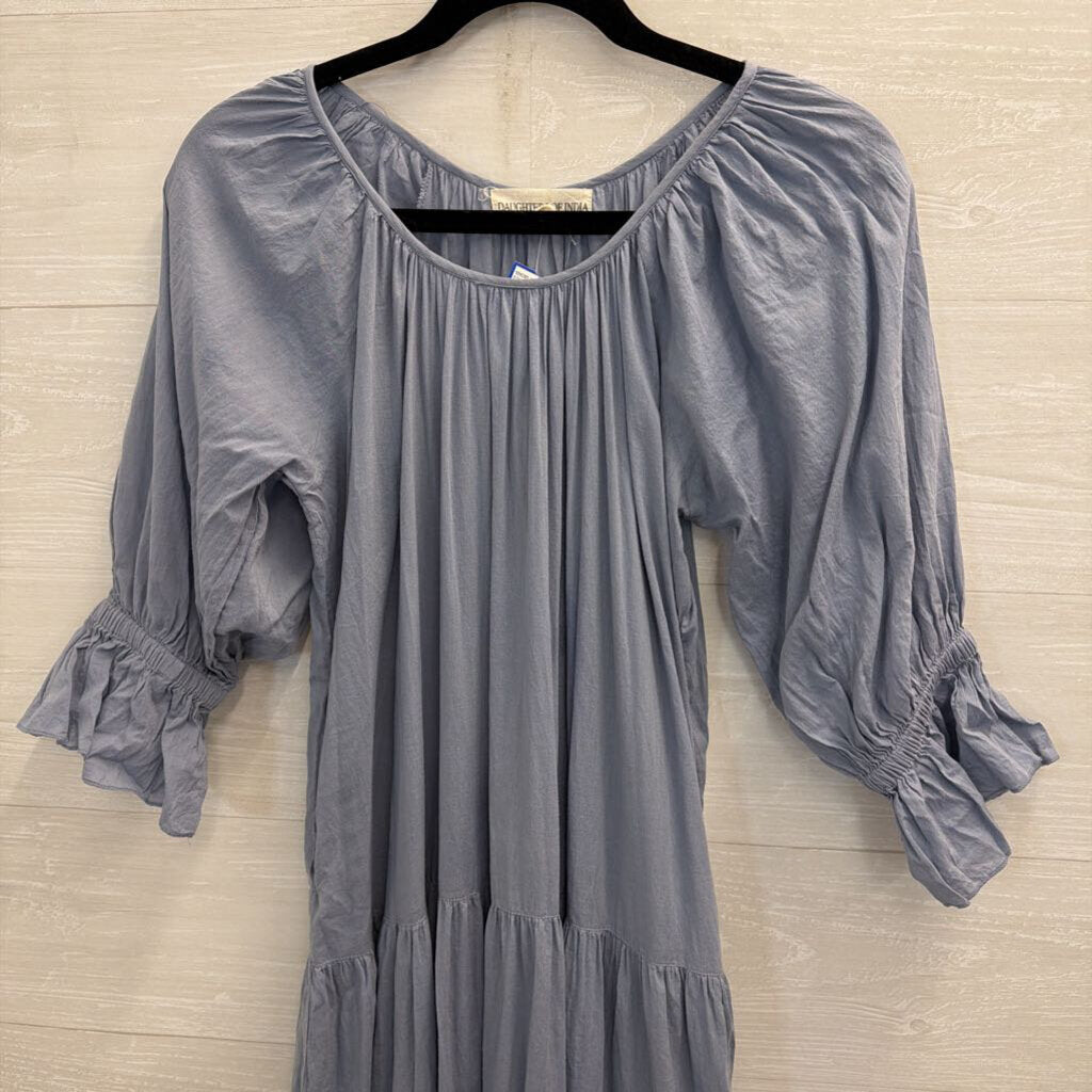 Daughters of India Blue Puff Long Sleeve Tiered Skirt Maxi Dress Small