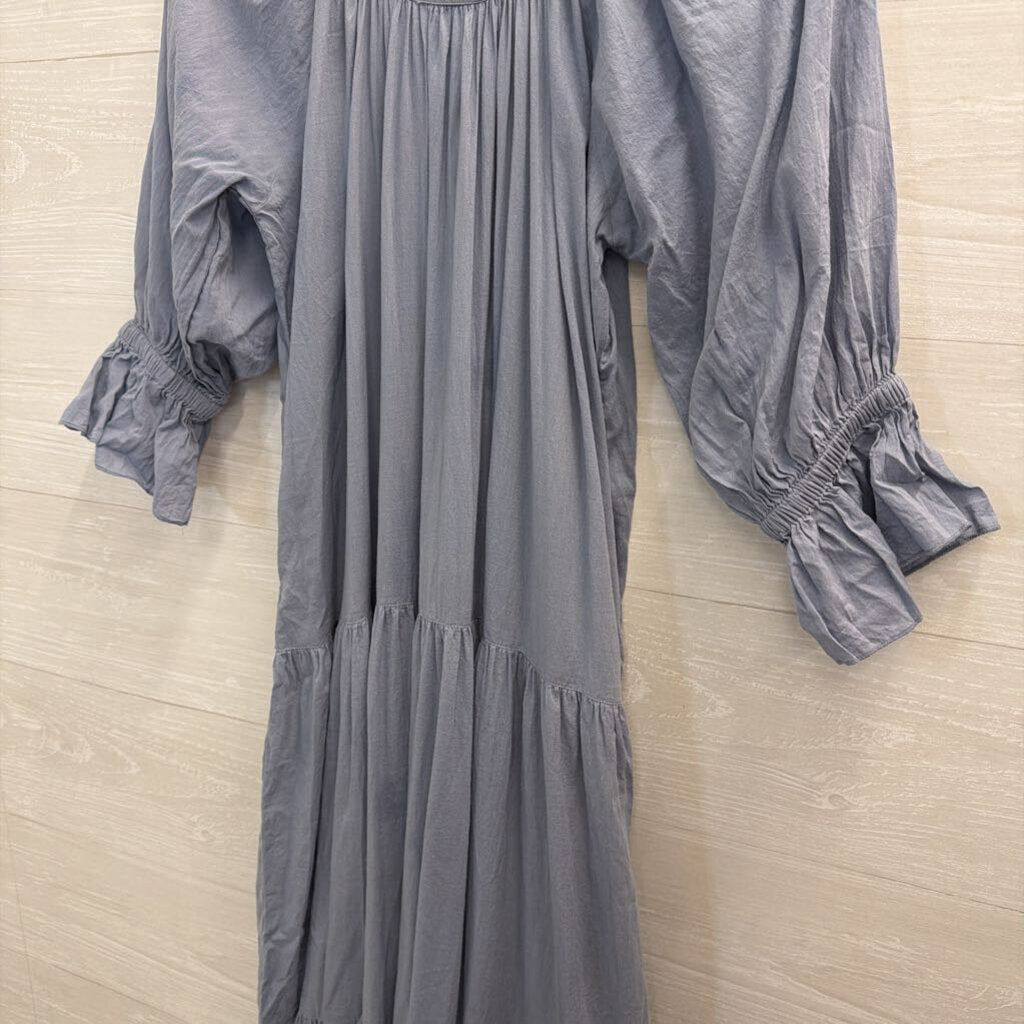Daughters of India Blue Puff Long Sleeve Tiered Skirt Maxi Dress Small