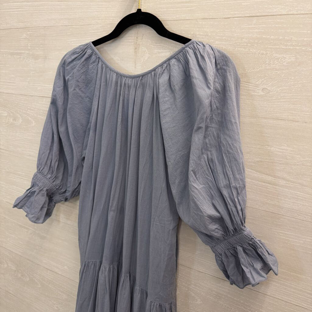 Daughters of India Blue Puff Long Sleeve Tiered Skirt Maxi Dress Small