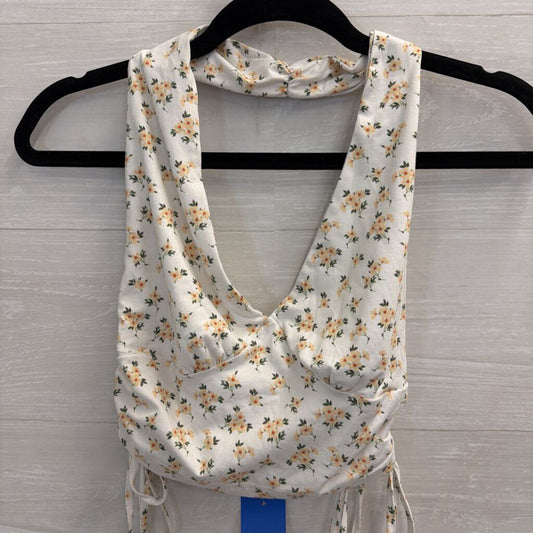 White/ Yellow Floral Print Cropped Halter Top Small