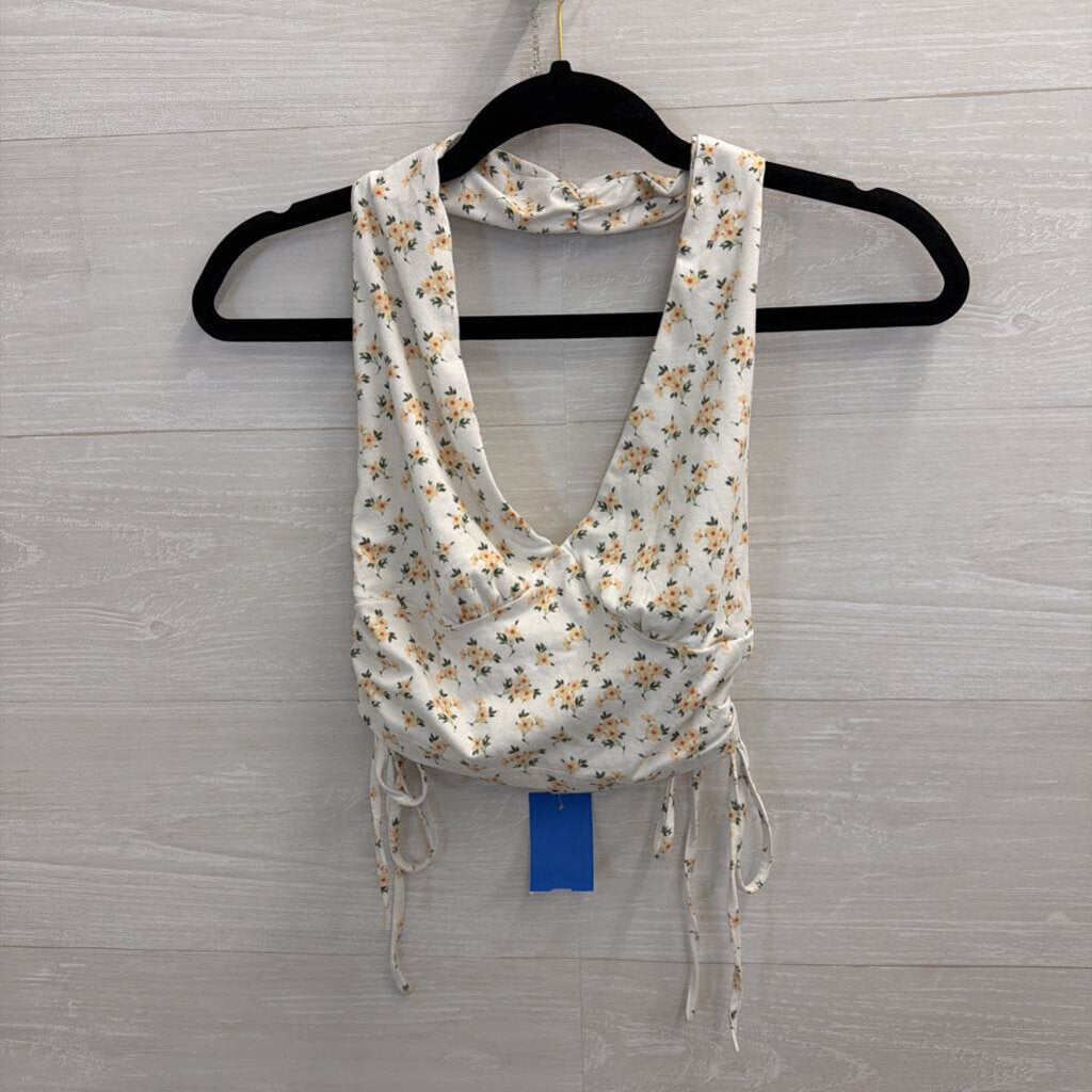 White/ Yellow Floral Print Cropped Halter Top Small