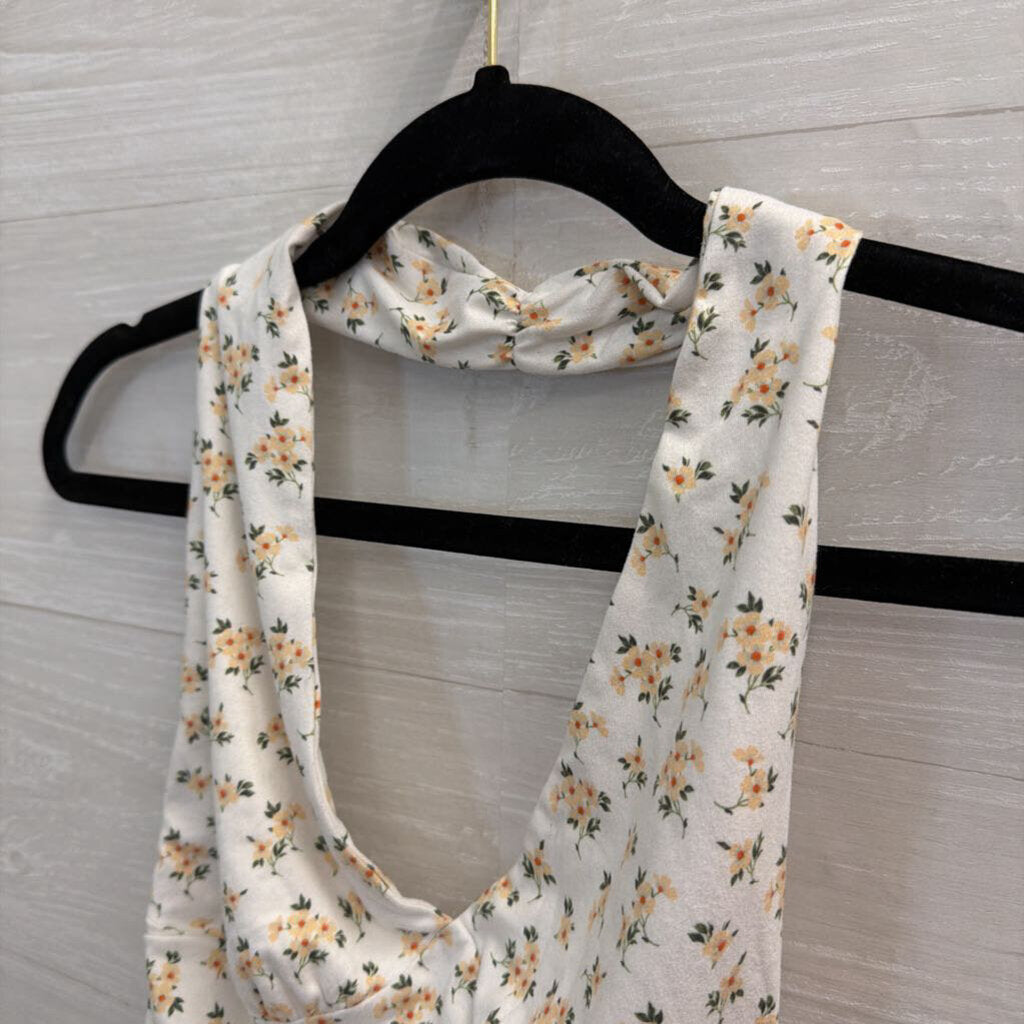 White/ Yellow Floral Print Cropped Halter Top Small
