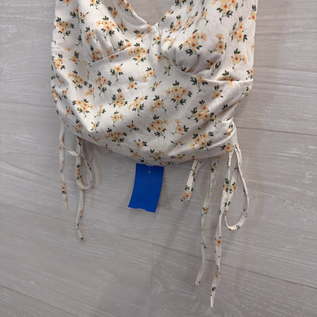 White/ Yellow Floral Print Cropped Halter Top Small
