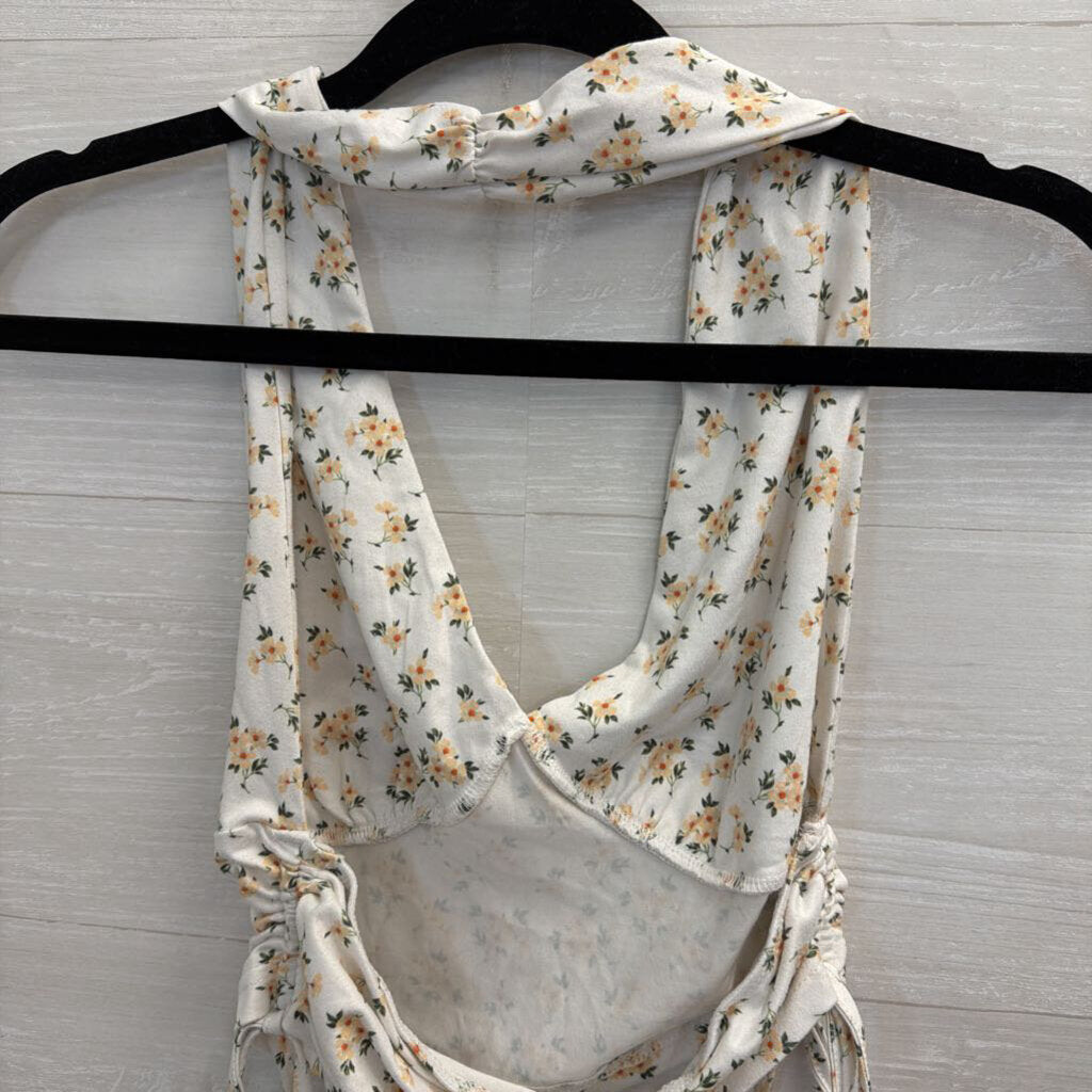 White/ Yellow Floral Print Cropped Halter Top Small