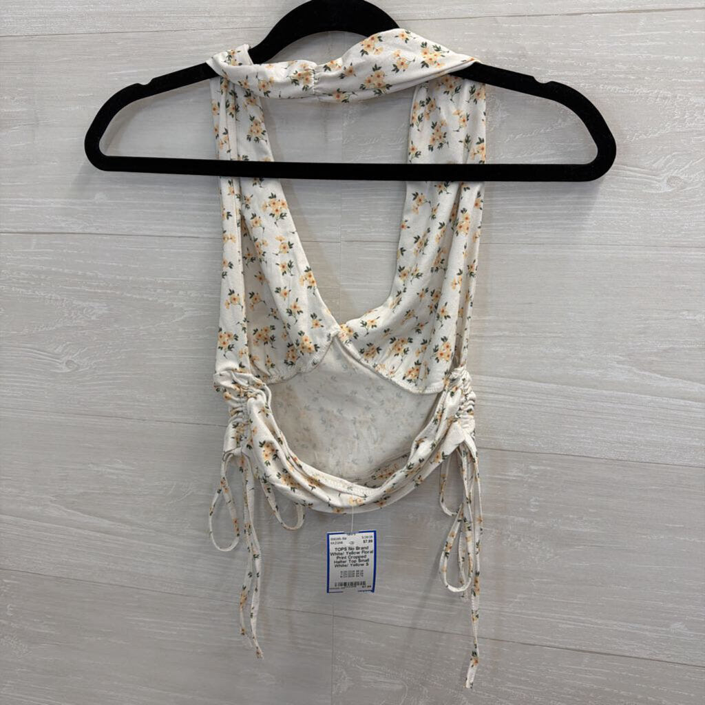 White/ Yellow Floral Print Cropped Halter Top Small