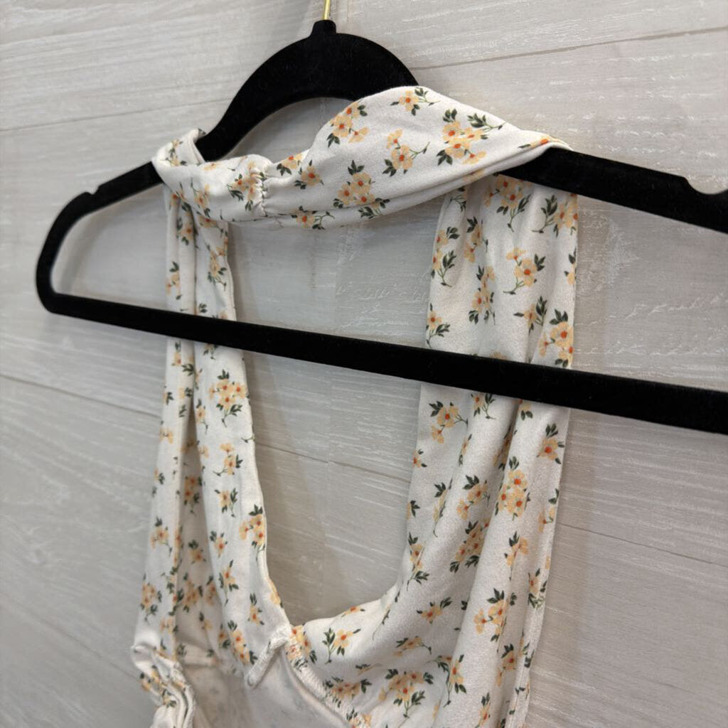 White/ Yellow Floral Print Cropped Halter Top Small