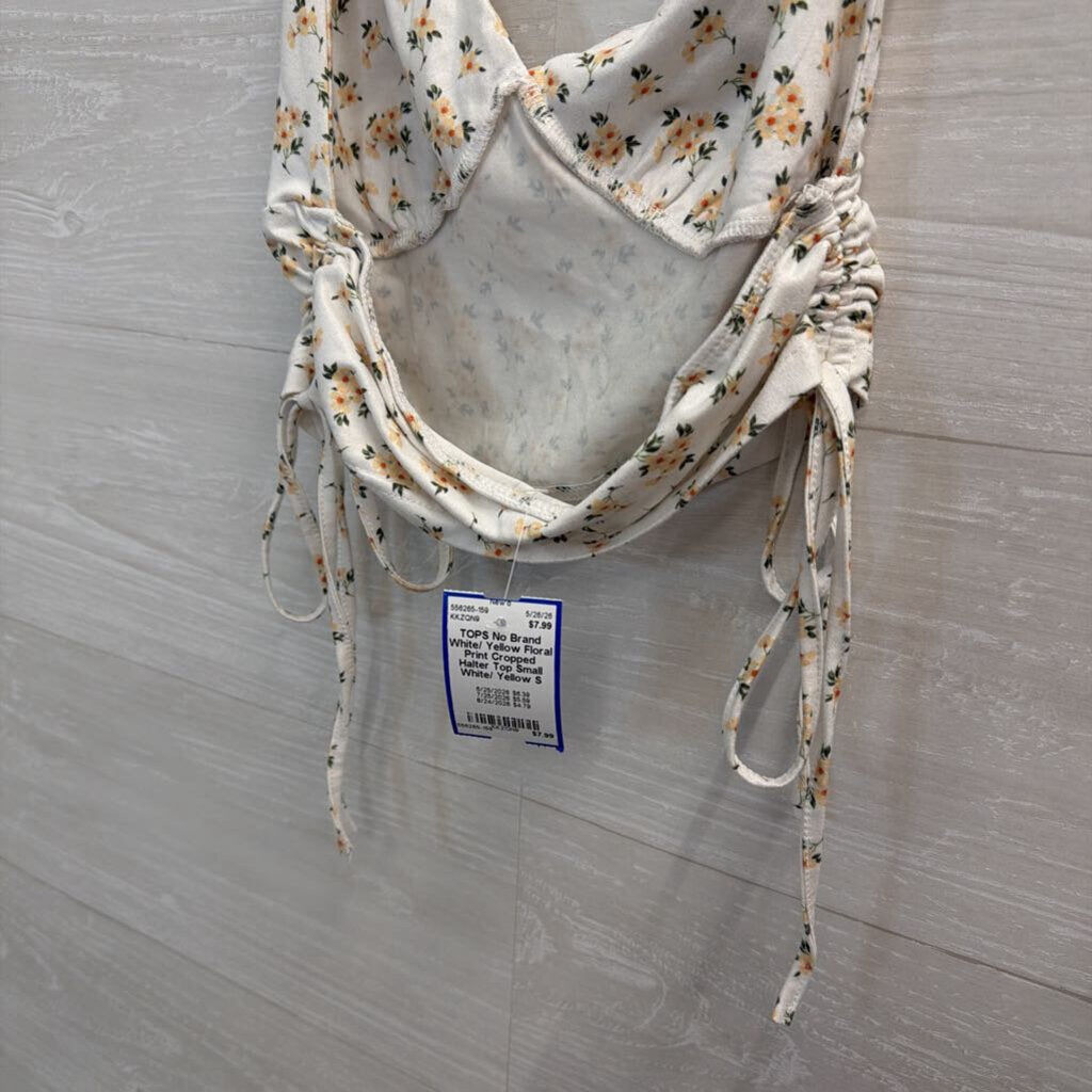 White/ Yellow Floral Print Cropped Halter Top Small