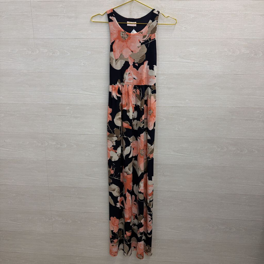 Pink Lily Navy/ Pink Floral Print Sleeveless Maxi Dress Small