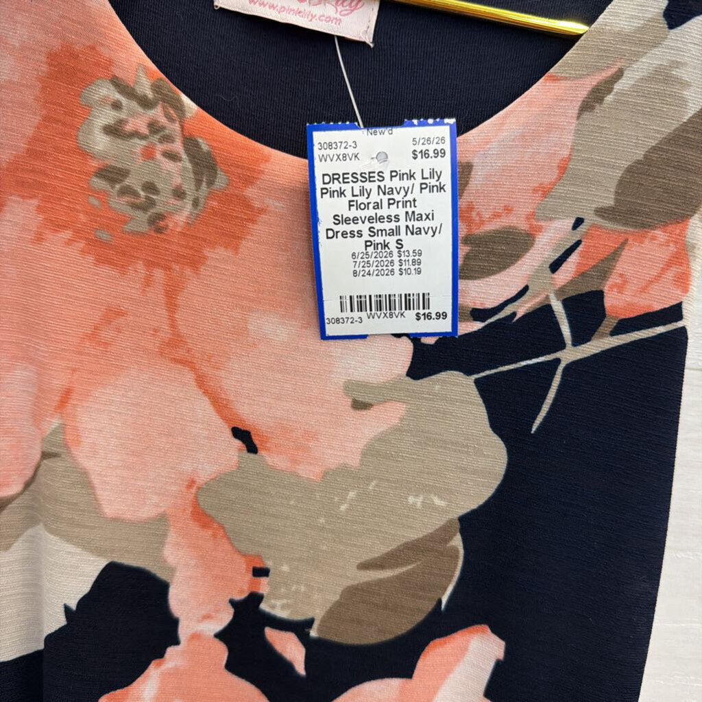 Pink Lily Navy/ Pink Floral Print Sleeveless Maxi Dress Small