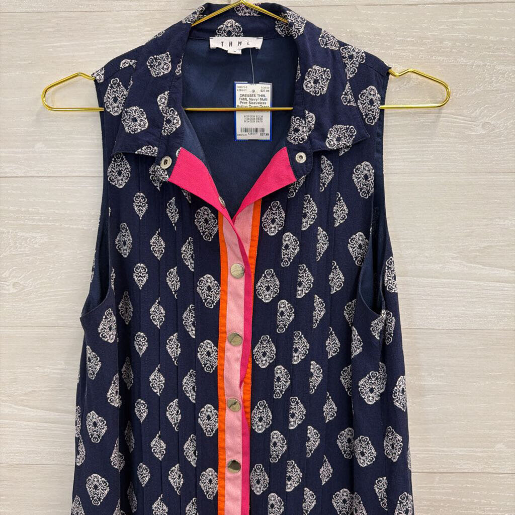 THML Navy/ Multi Print Sleeveless Button Down Dress Small