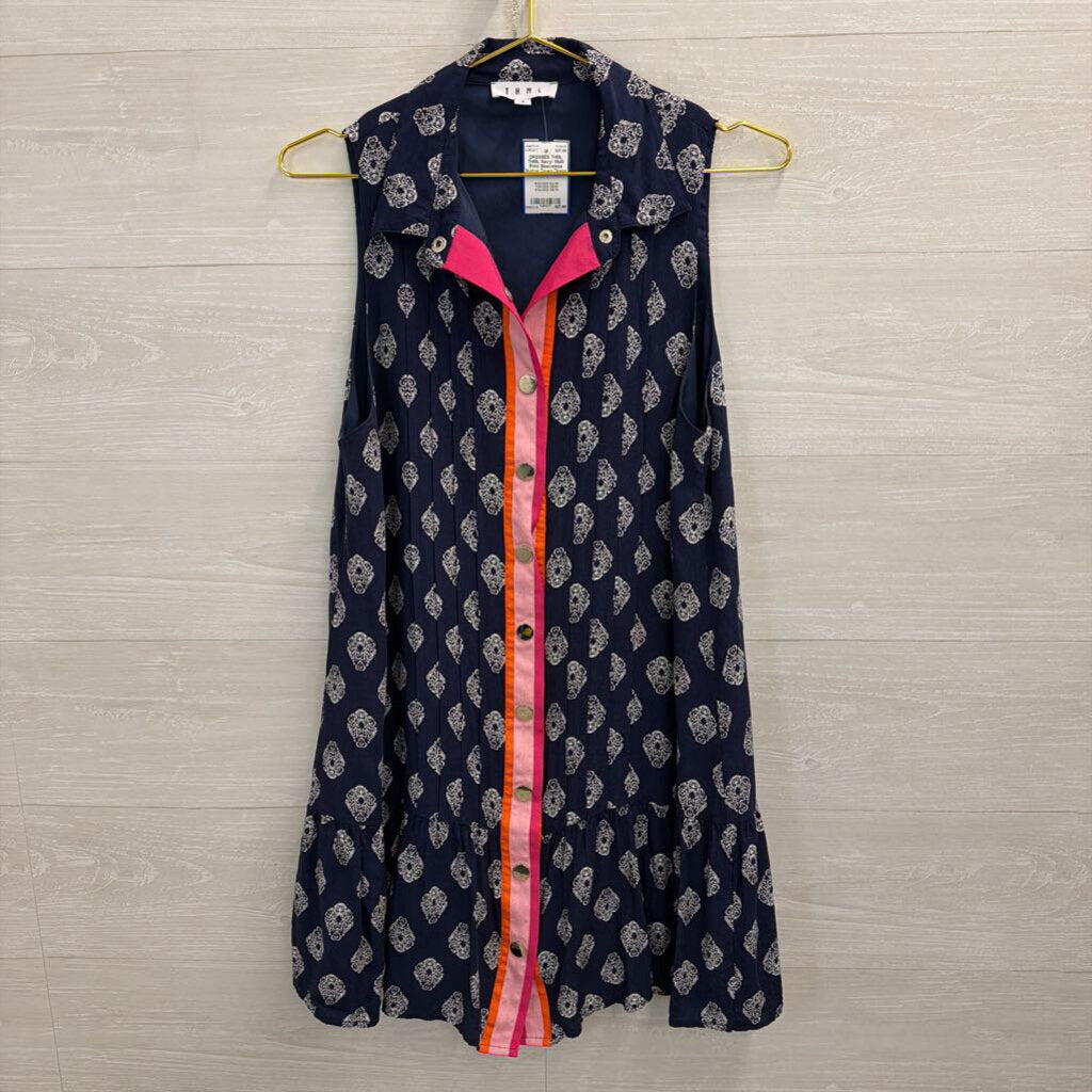 THML Navy/ Multi Print Sleeveless Button Down Dress Small