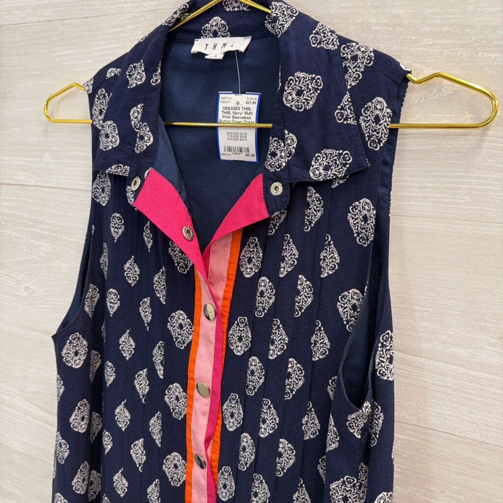 THML Navy/ Multi Print Sleeveless Button Down Dress Small