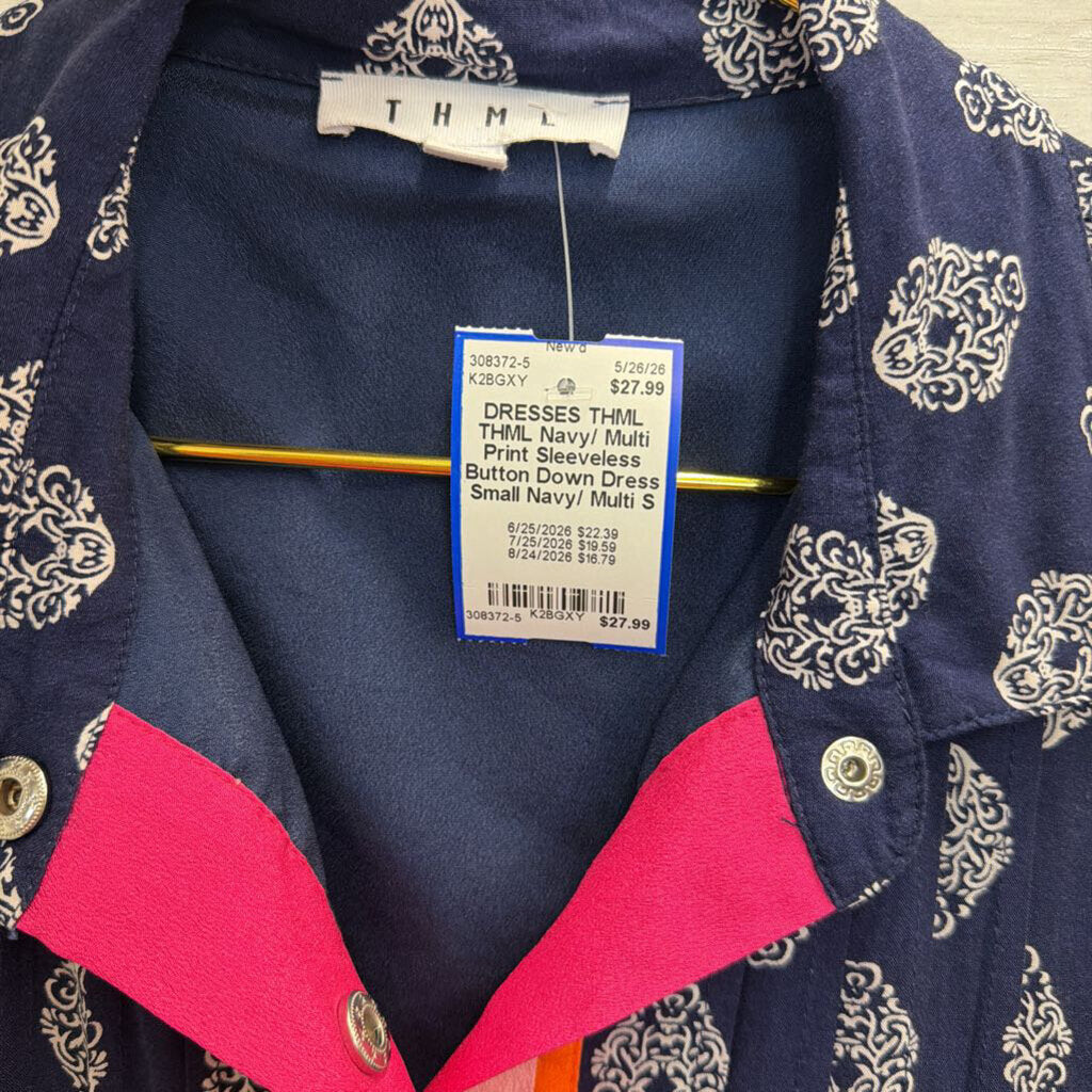 THML Navy/ Multi Print Sleeveless Button Down Dress Small