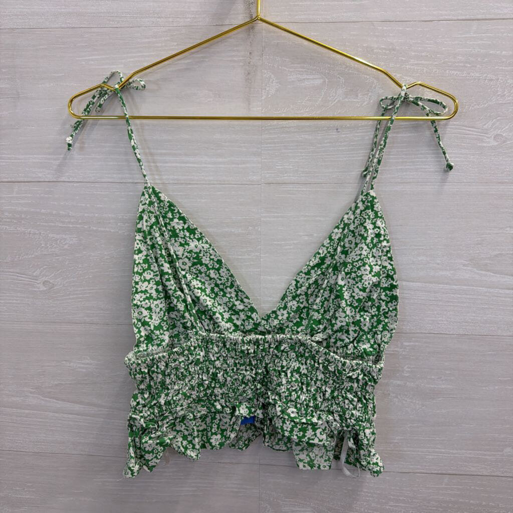 Sim and Sam Green/ White Print Cropped Tank Top Small
